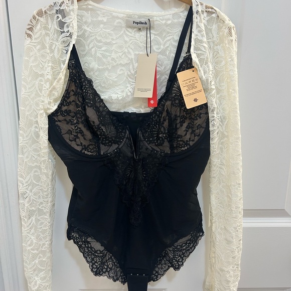 BNWT Popilush Black Lace Bodysuit L with Free Cream Lace Cover M - Picture 1 of 3
